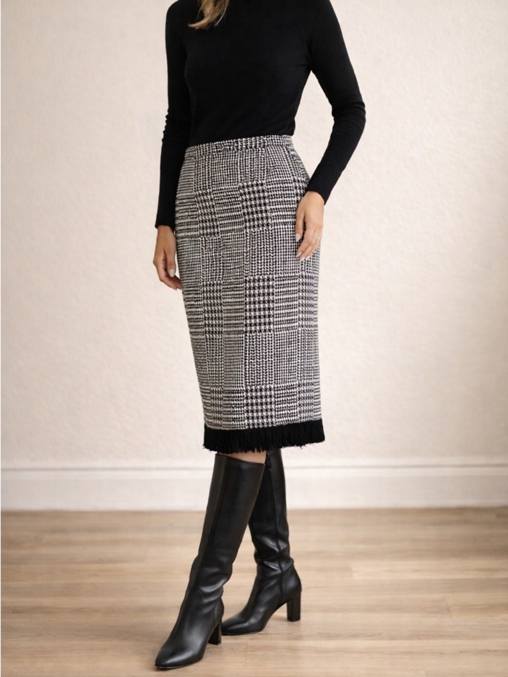Kim Rogers Houndstooth Pencil Skirt Fringe Hem Preppy Chic S